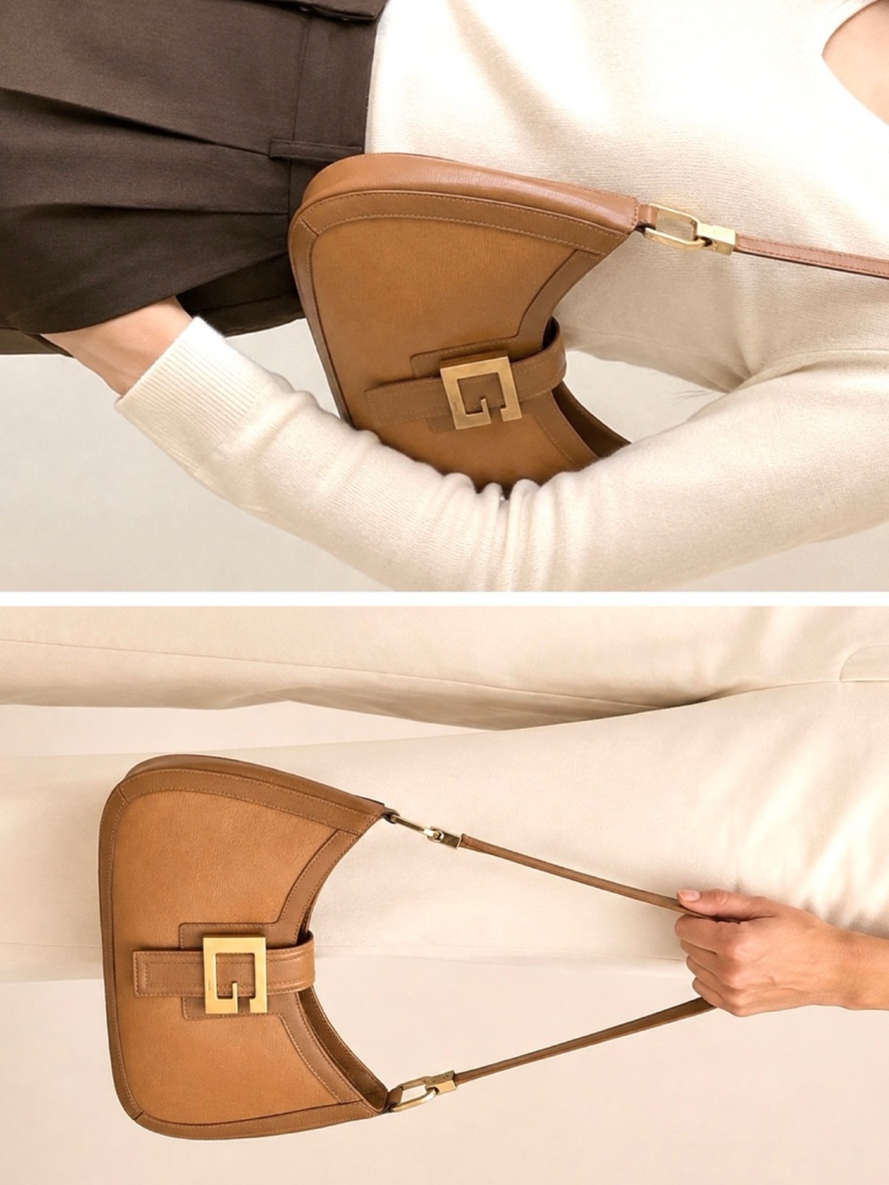 Gucci Tan Leather Shoulder Bag with Gold Buckle